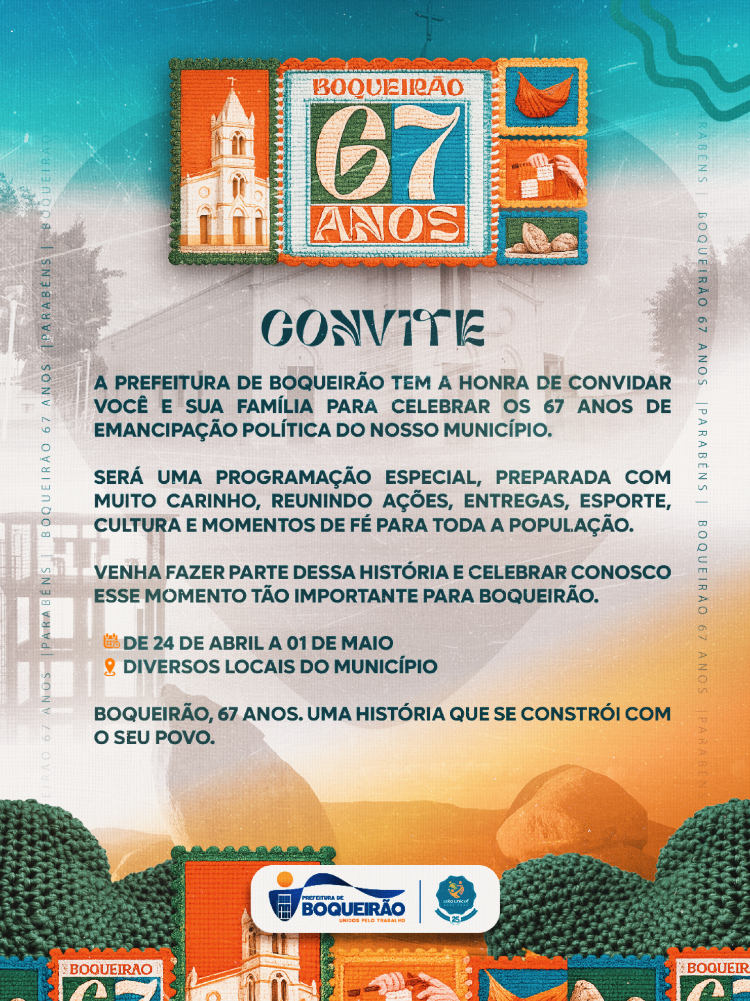 Prefeitura de Boqueirão convida população para celebrar os 67 anos do município